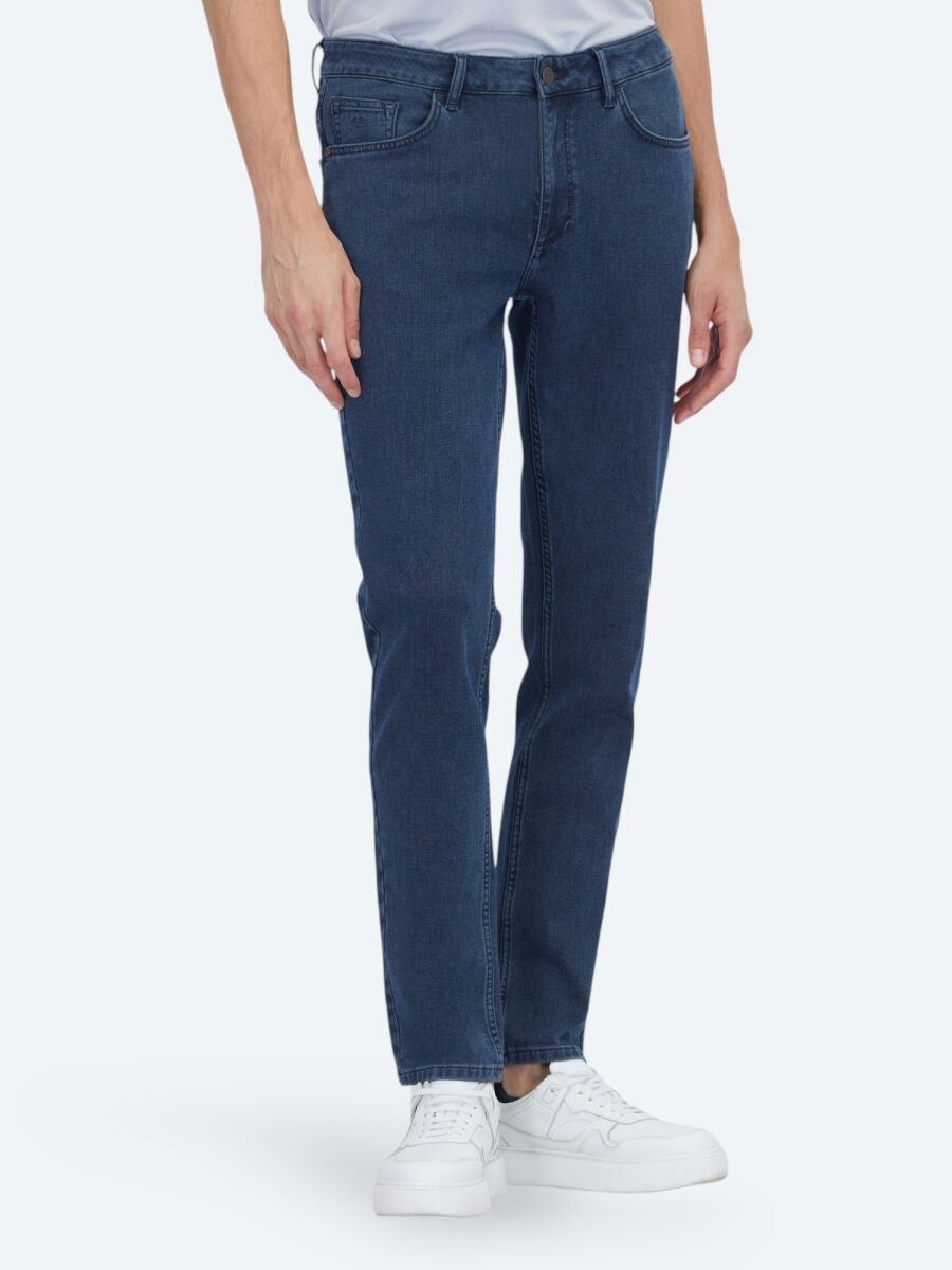 Navy Blue Slim Fit Denim Cotton Blended Trousers - 2