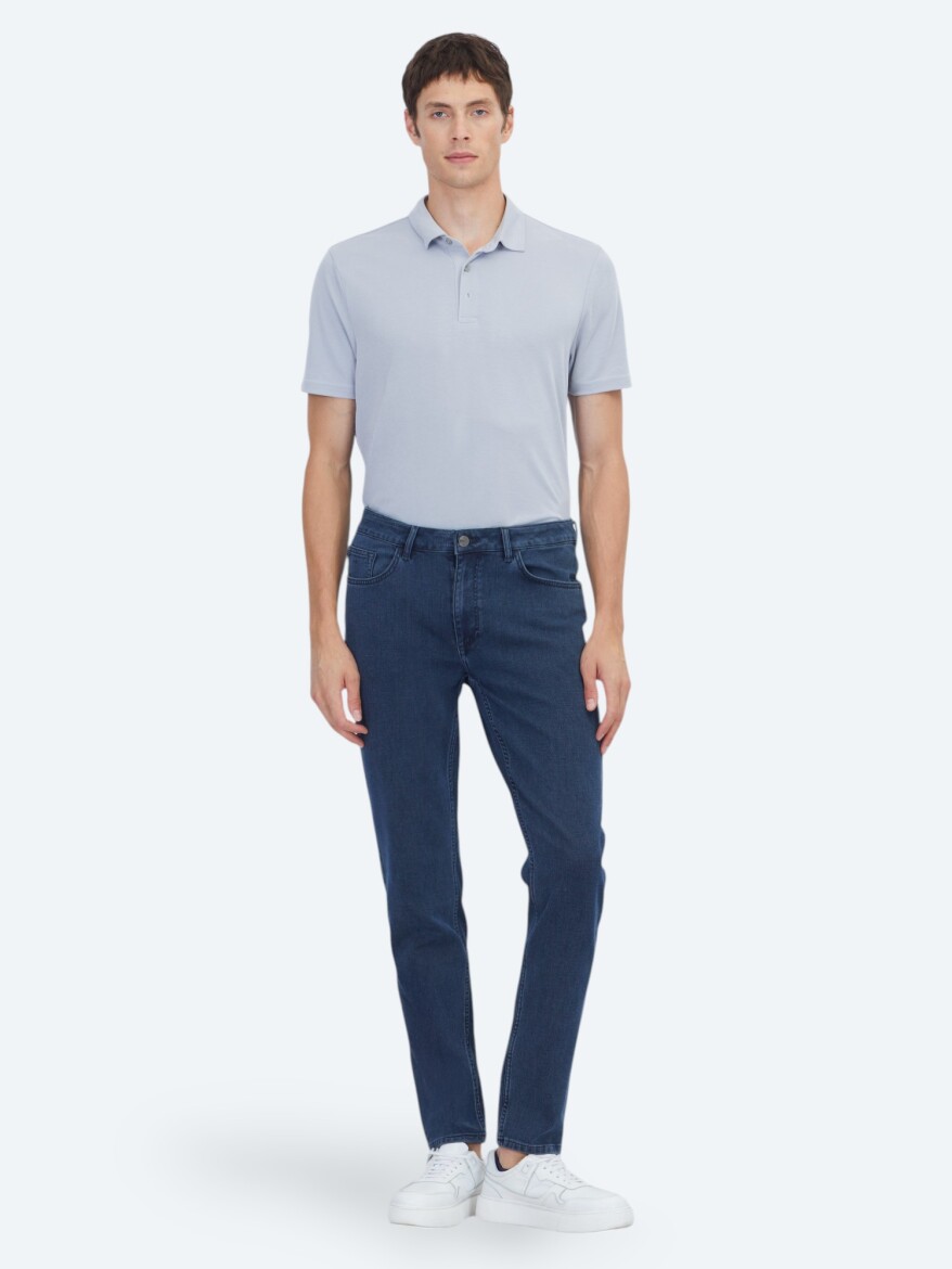 Navy Blue Slim Fit Denim Cotton Blended Trousers - KİP