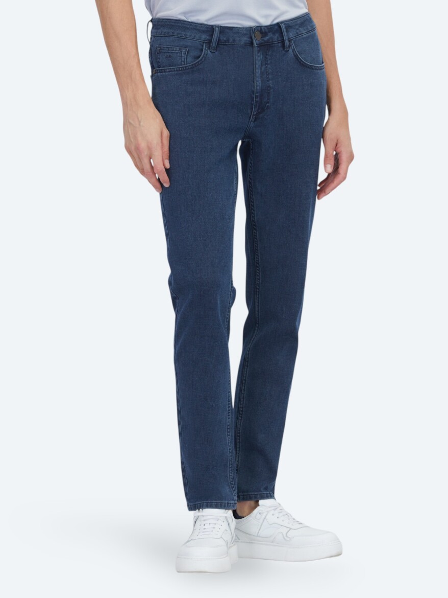 Navy Blue Slim Fit Denim Cotton Blended Trousers - KİP