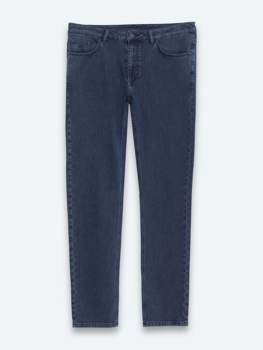 Navy Blue Slim Fit Denim Cotton Blended Trousers - 5