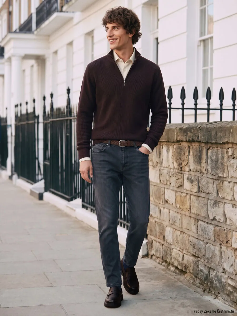 Navy Blue Slim Fit Denim Cotton Blended Trousers - 2