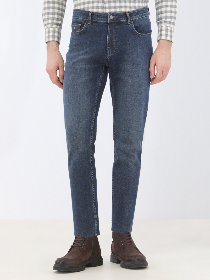 Navy Blue Slim Fit Denim Trousers - 1