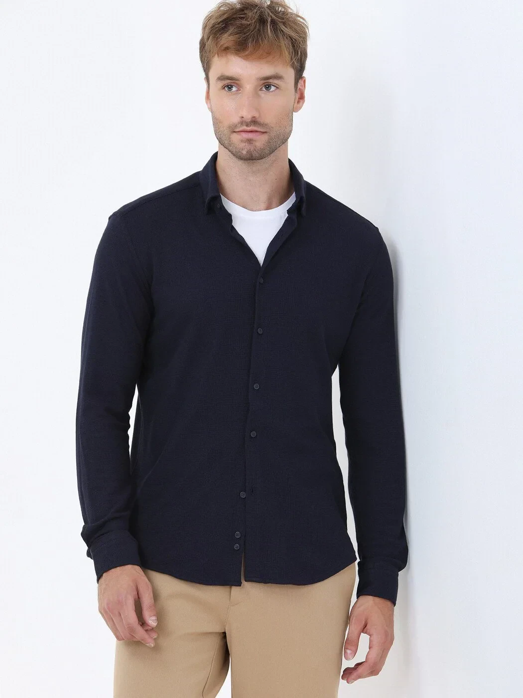 Navy Blue Slim Fit Knitting Casual Cotton Blended Shirt - 1