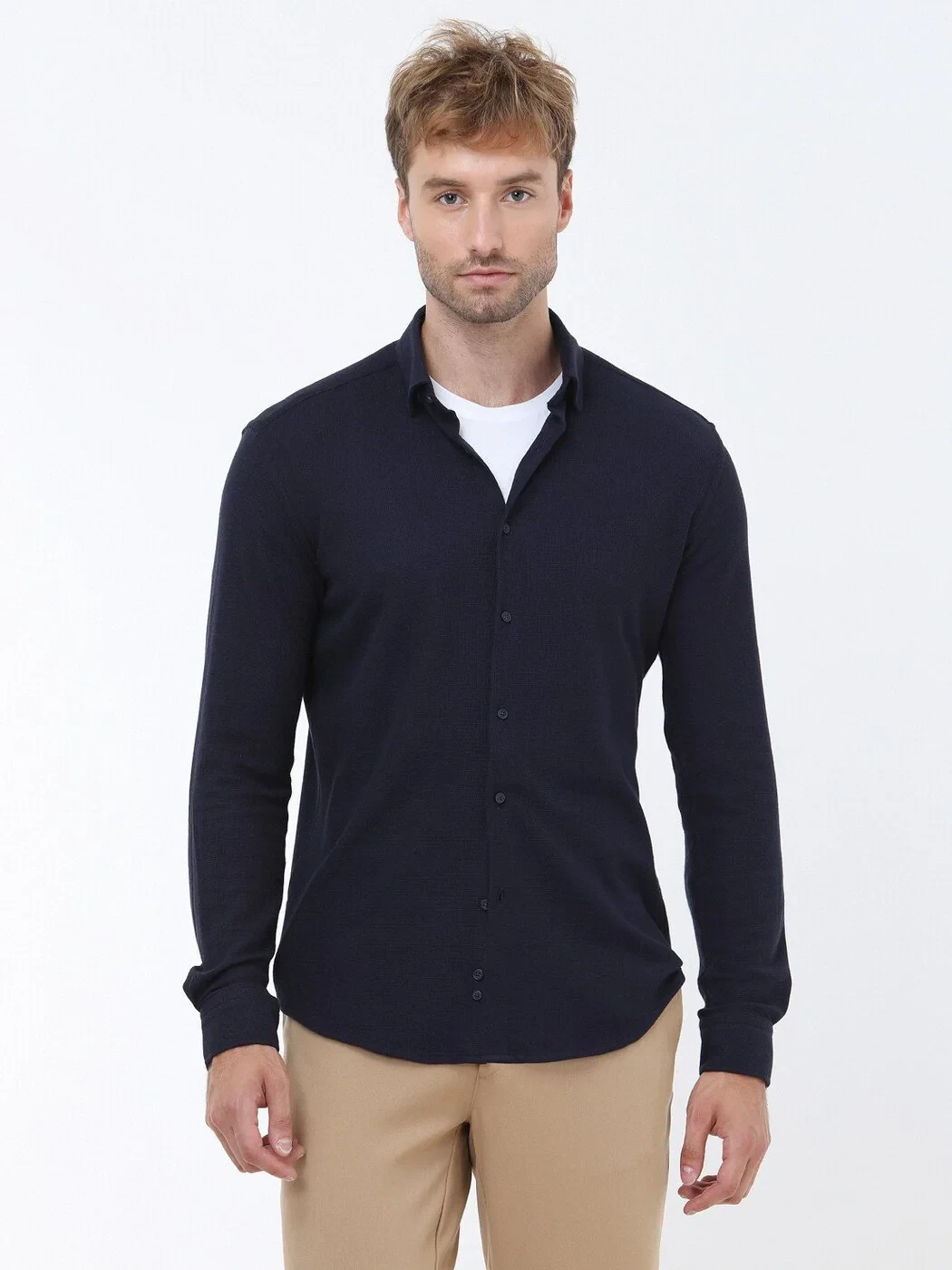 Navy Blue Slim Fit Knitting Casual Cotton Blended Shirt - 2