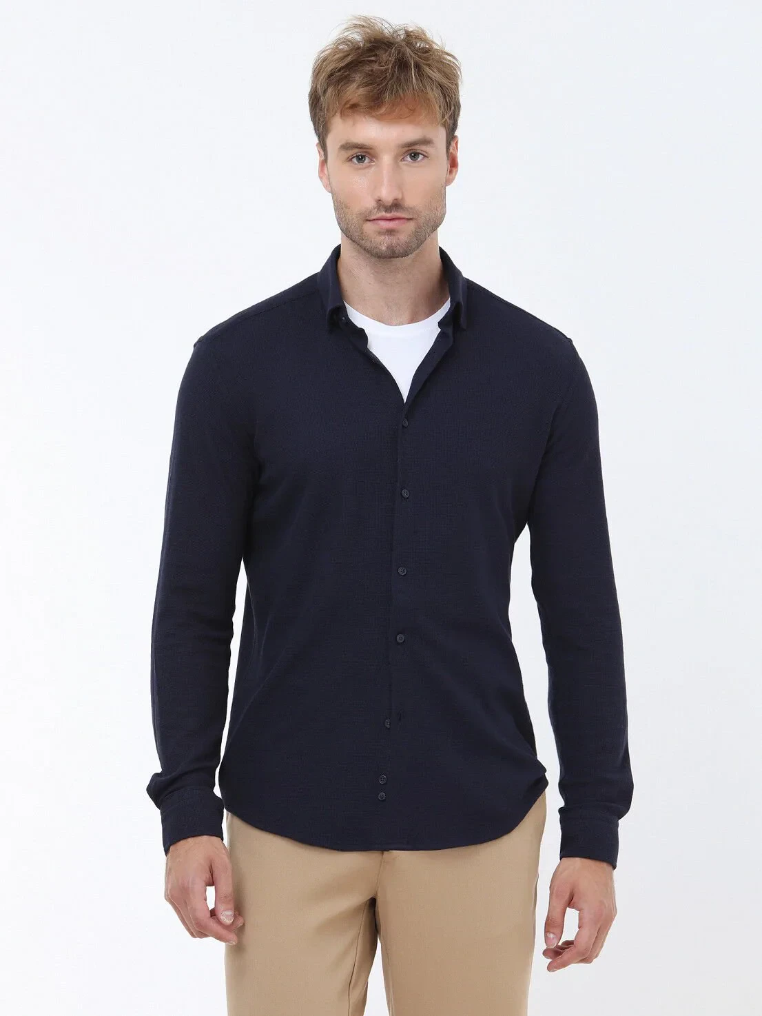 Navy Blue Slim Fit Knitting Casual Cotton Blended Shirt - 2