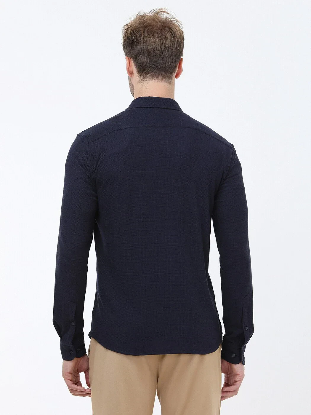 Navy Blue Slim Fit Knitting Casual Cotton Blended Shirt - 5