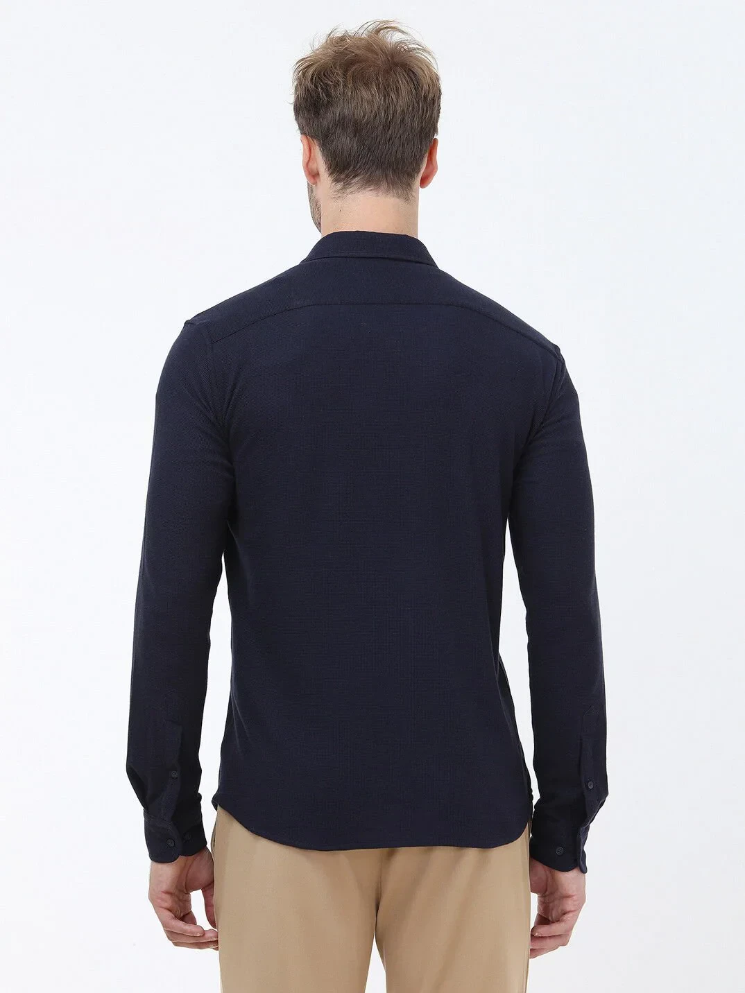 Navy Blue Slim Fit Knitting Casual Cotton Blended Shirt - 5