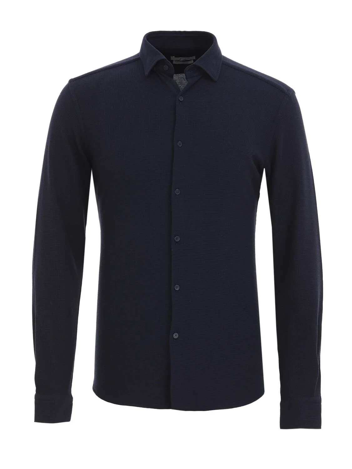 Navy Blue Slim Fit Knitting Casual Cotton Blended Shirt - 6