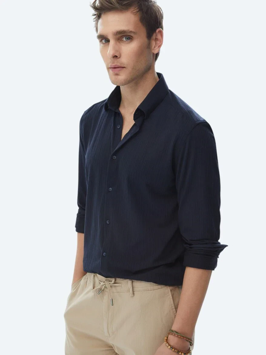 Navy Blue Slim Fit Knitting Sport Shirt - 1