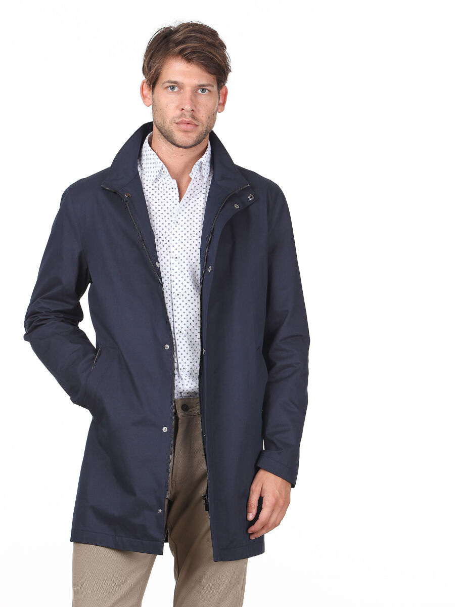 Navy Blue Slim Fit Turtleneck Classical Weaving Rain Coat - 1