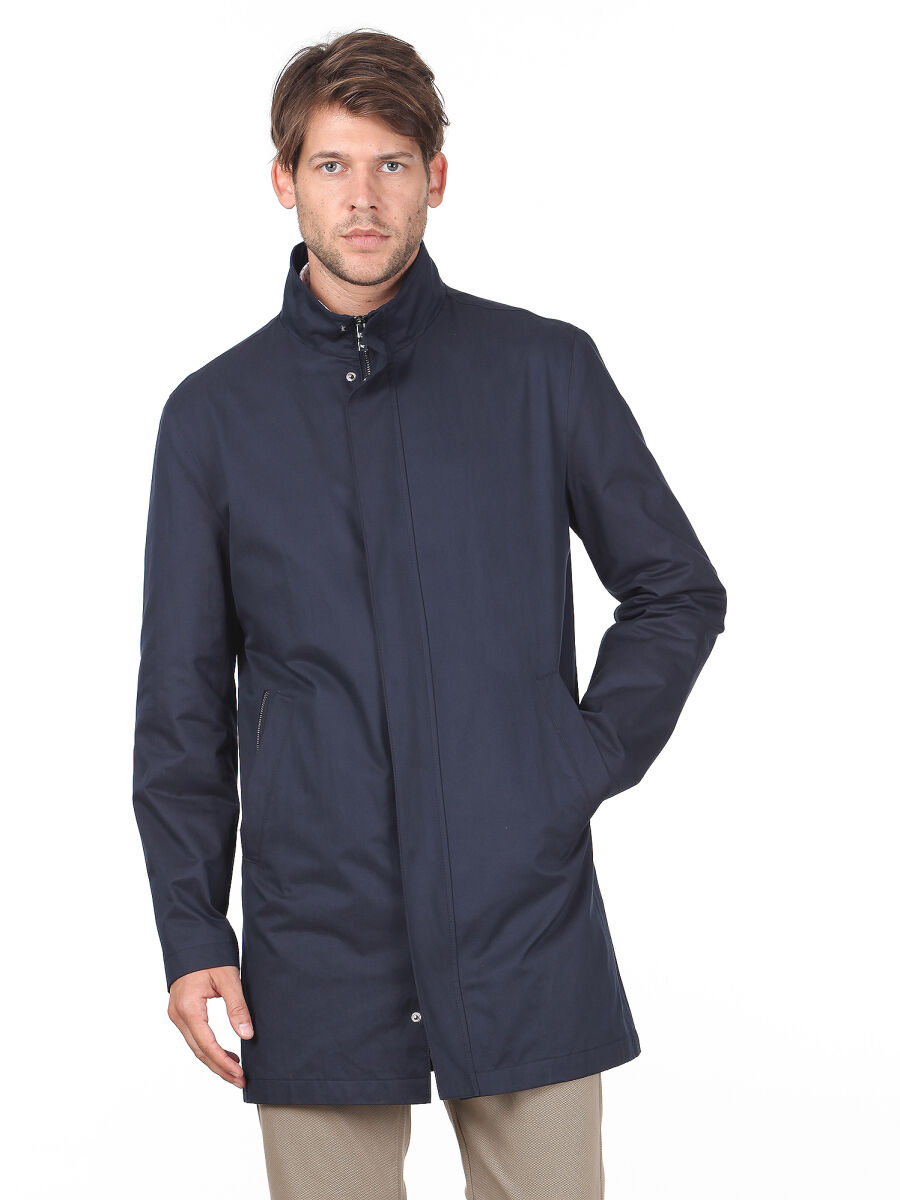 Navy Blue Slim Fit Turtleneck Classical Weaving Rain Coat - 5