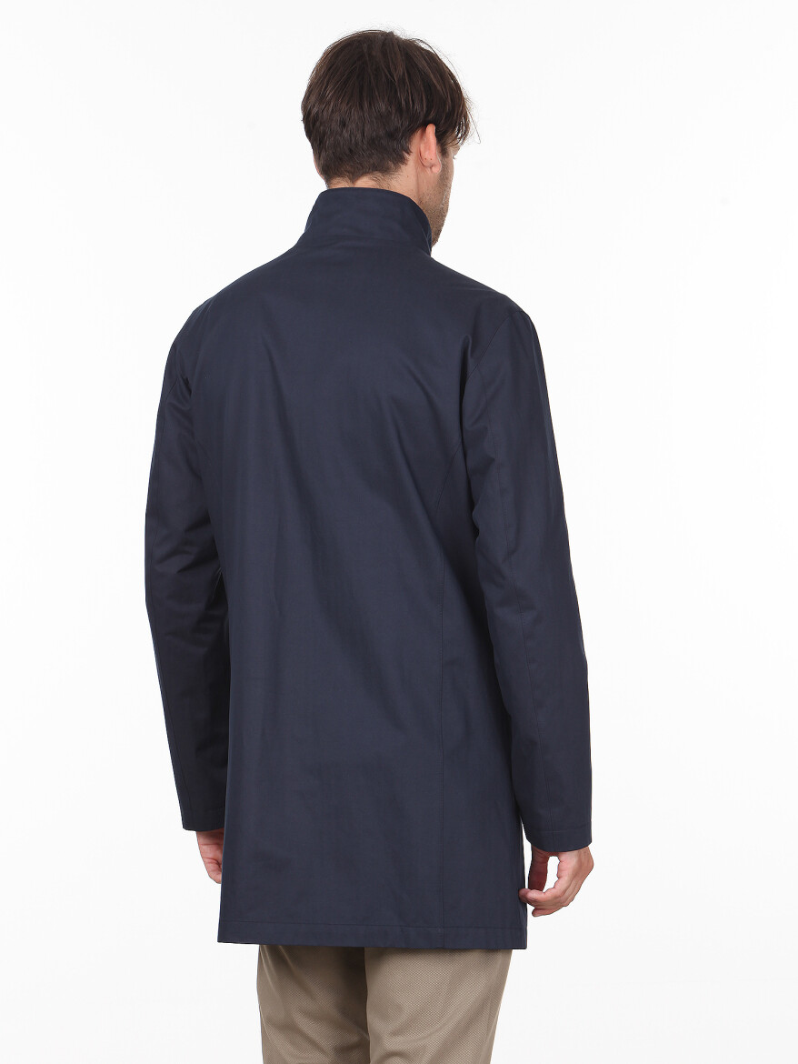 Navy Blue Slim Fit Turtleneck Classical Weaving Rain Coat - 6