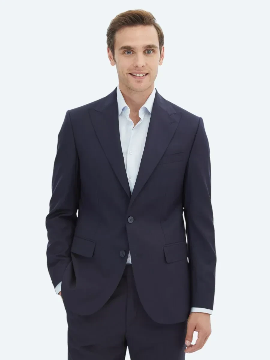 Navy Blue Striped 100% Wool Suit - 1