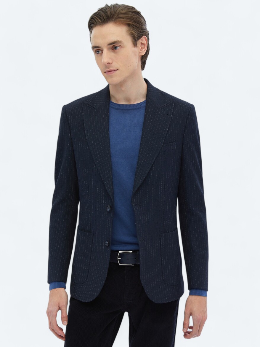Navy Blue Striped Comfort Fit Jacket - KİP