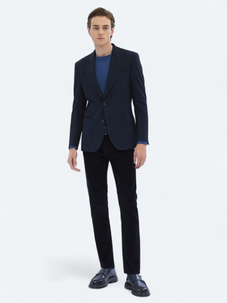 Navy Blue Striped Comfort Fit Jacket - KİP