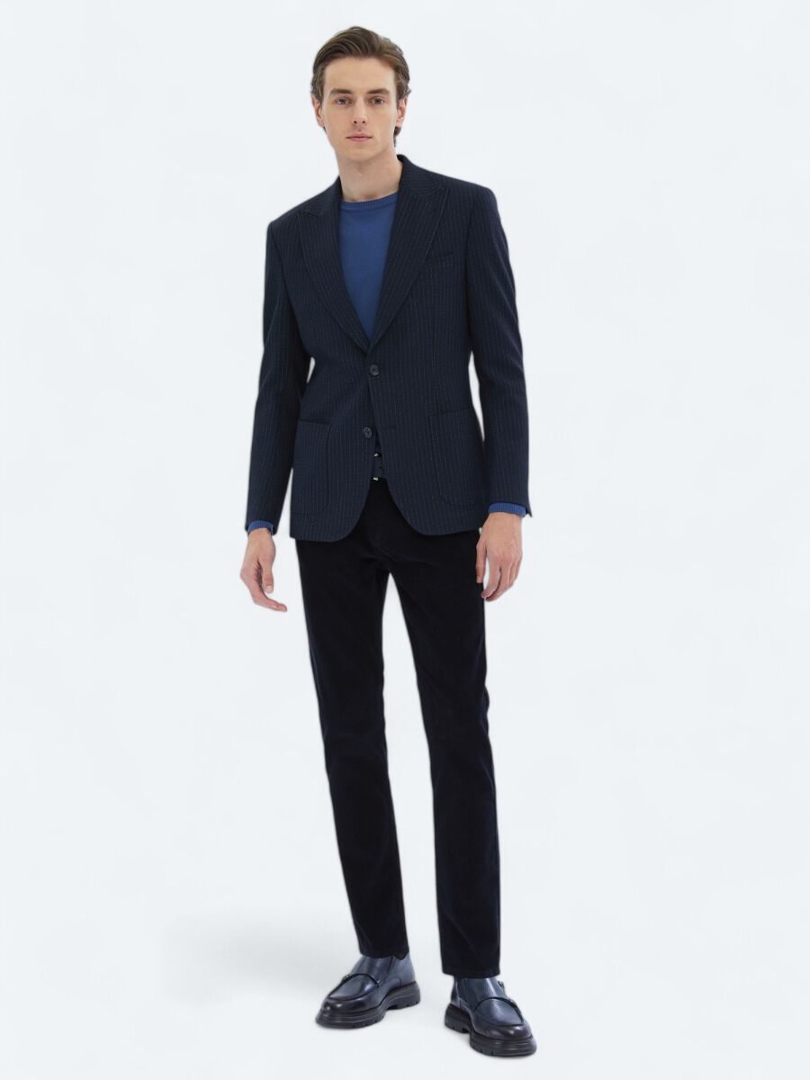 Navy Blue Striped Comfort Fit Jacket - 2