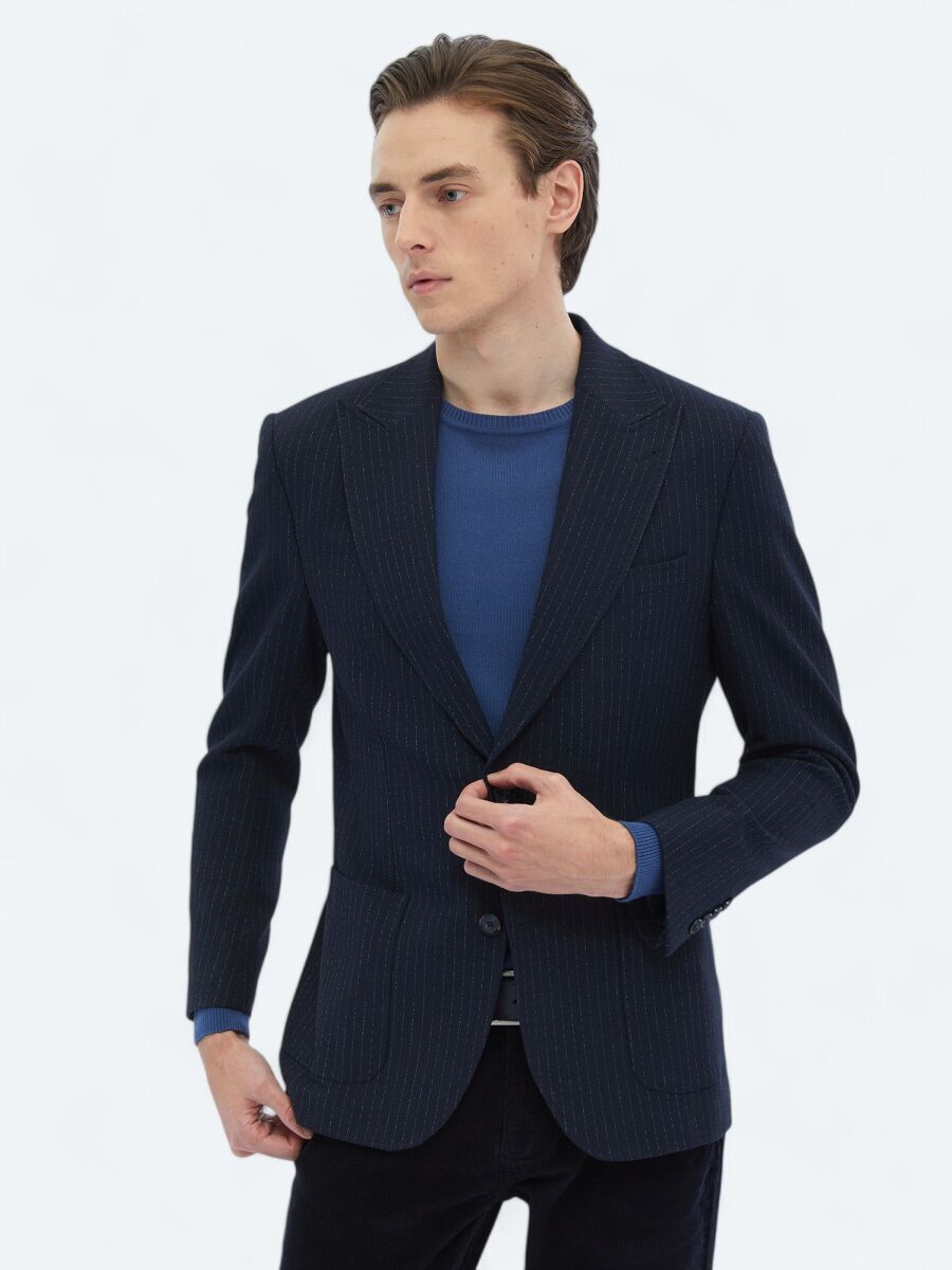 Navy Blue Striped Comfort Fit Jacket - 3
