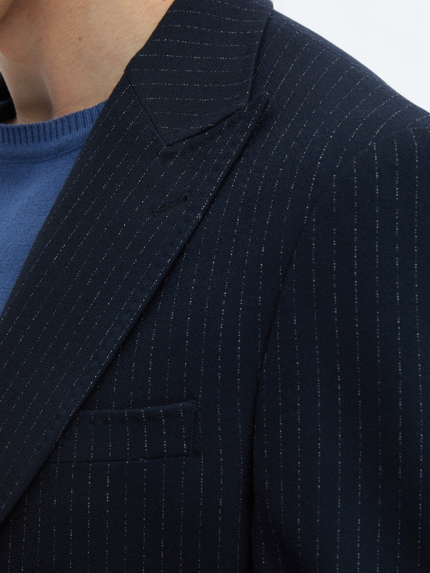 Navy Blue Striped Comfort Fit Jacket - 5