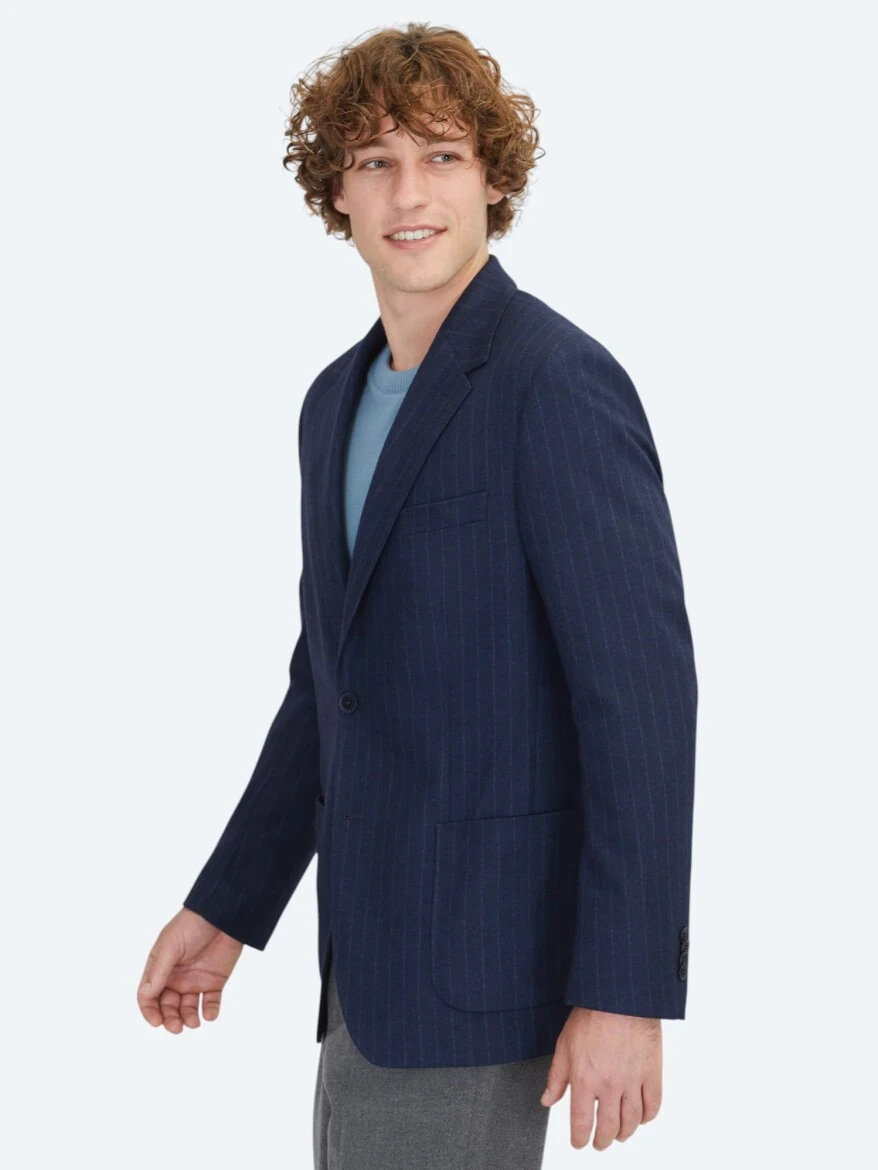 Navy Blue Striped Comfort Fit Jacket - 3