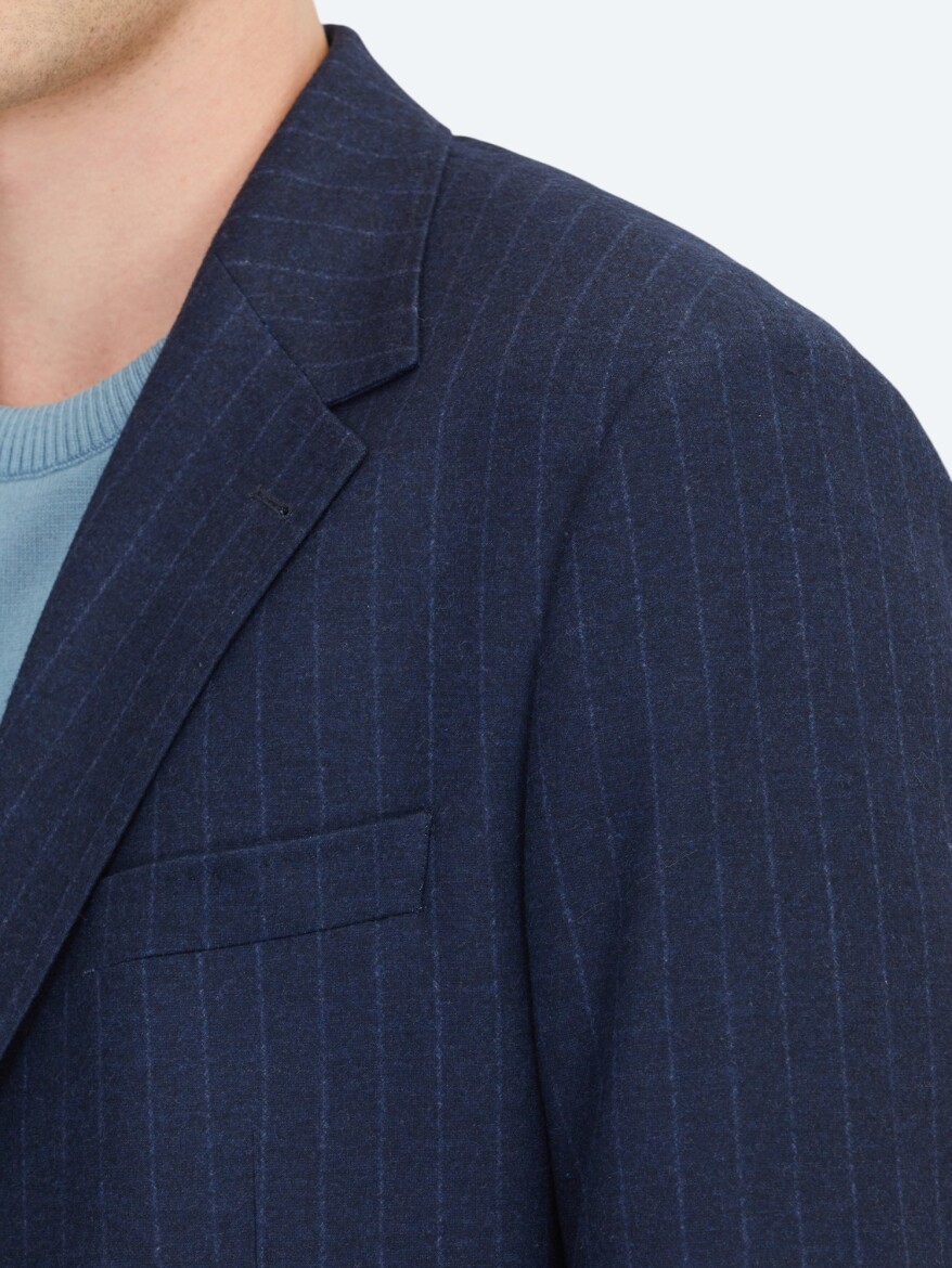 Navy Blue Striped Comfort Fit Jacket - 5