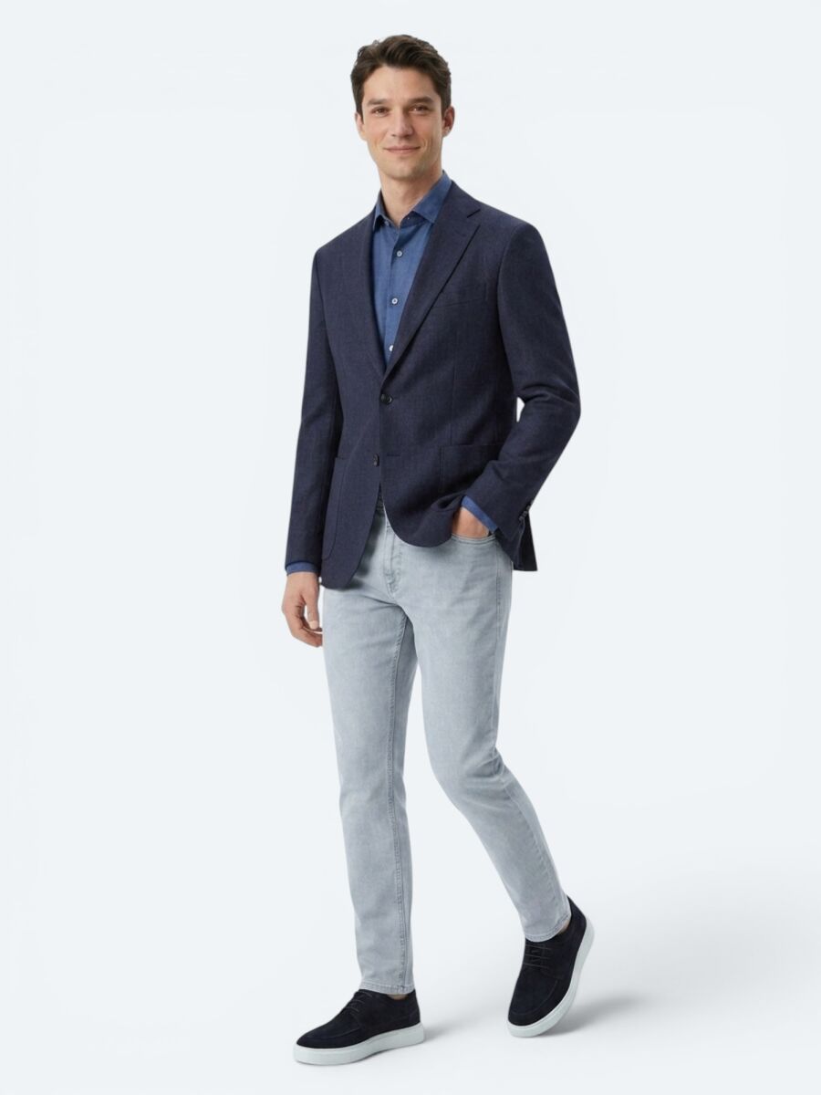 Navy Blue Striped Modern Fit 100% Linen Jacket - 2