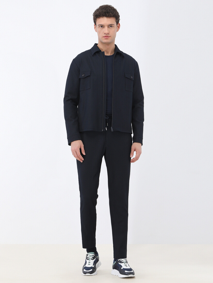 Navy Blue Striped Modern Fit Cotton Blended Suit - 3