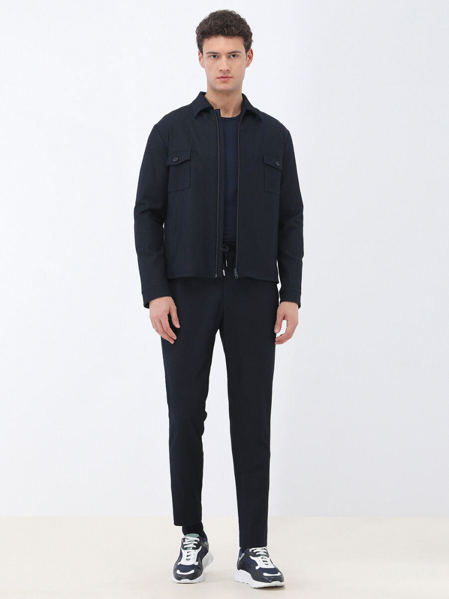 Navy Blue Striped Modern Fit Cotton Blended Suit - 3