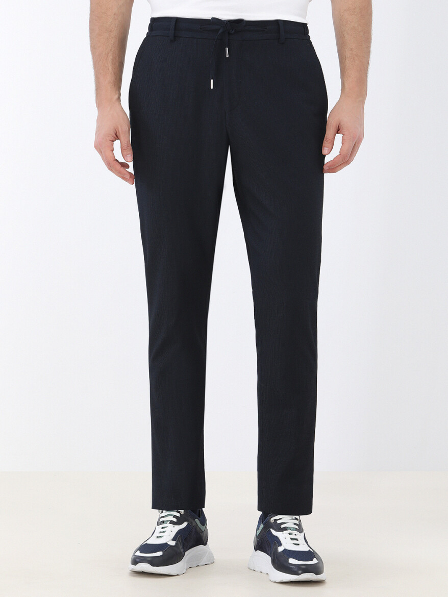 Navy Blue Striped Modern Fit Cotton Blended Suit - 5