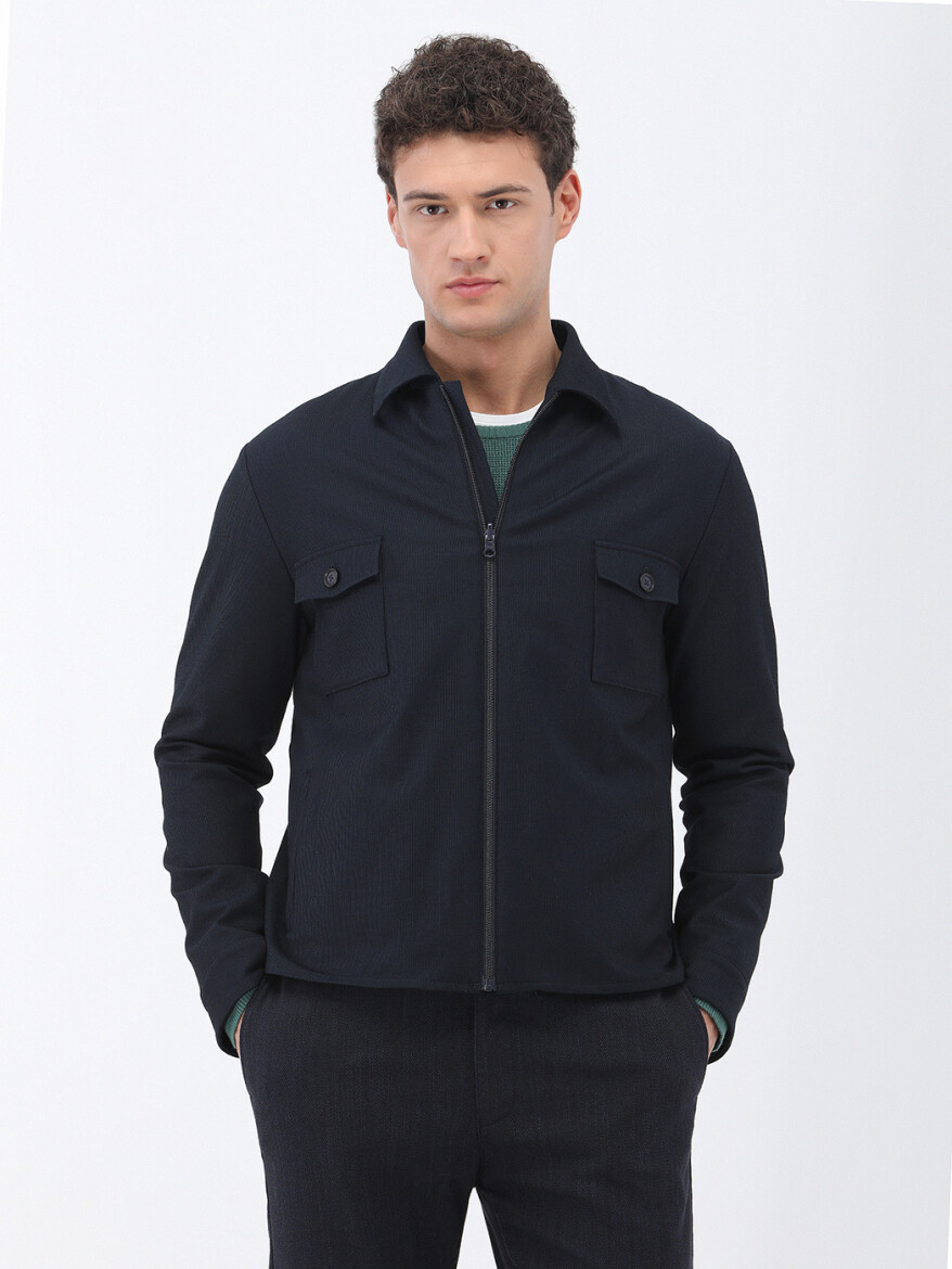 Navy Blue Striped Modern Fit Cotton Blended Suit - 7