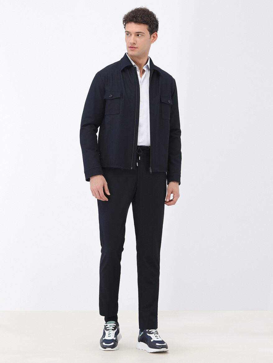 Navy Blue Striped Modern Fit Cotton Blended Suit - 8