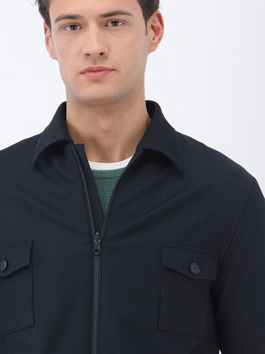 Navy Blue Striped Modern Fit Cotton Blended Suit - 9