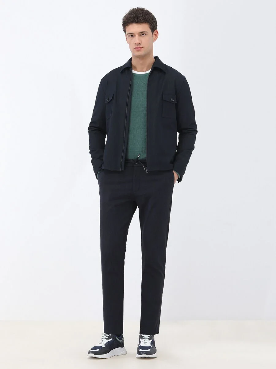 Navy Blue Striped Modern Fit Cotton Blended Suit - 2
