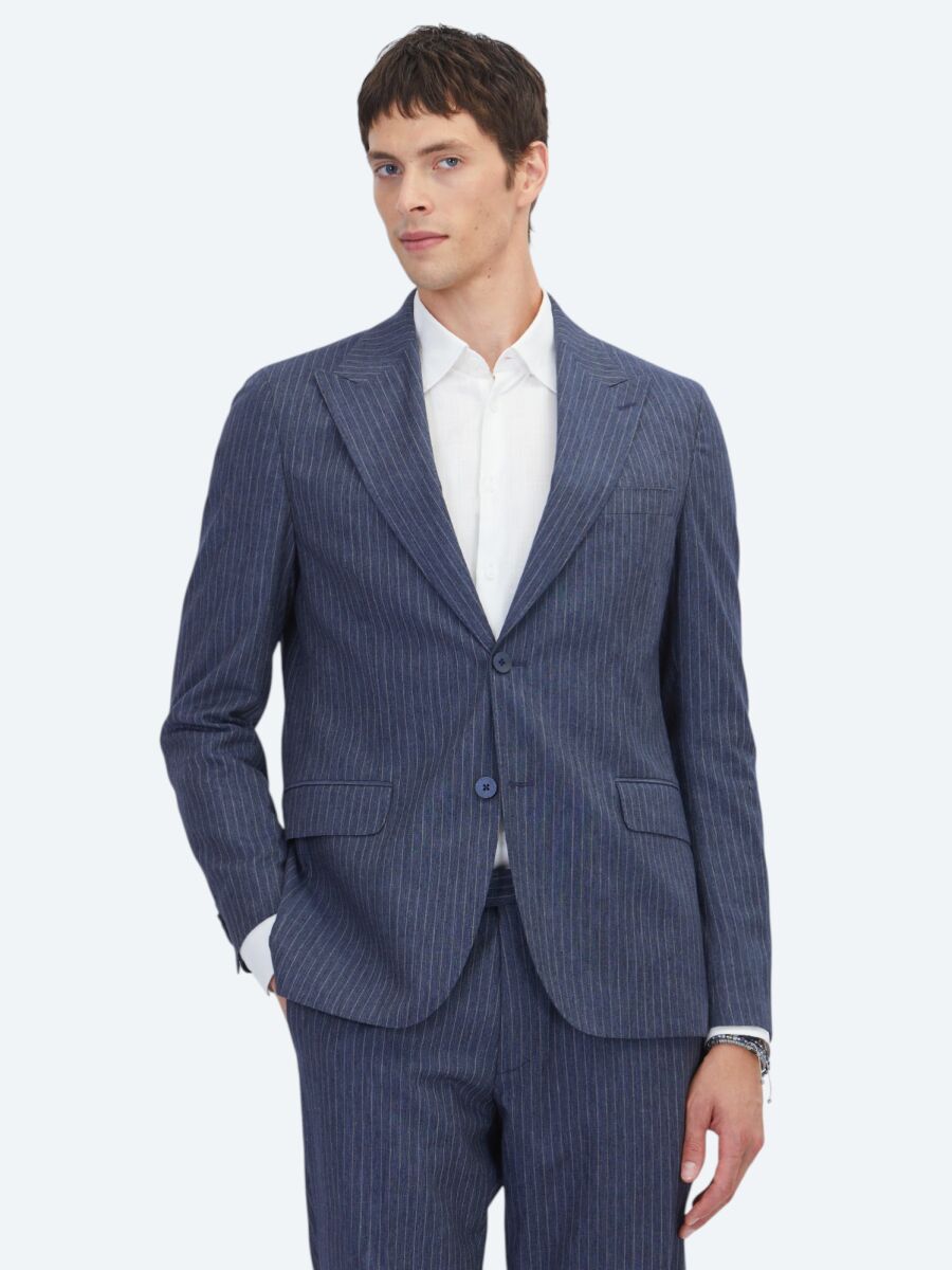 Navy Blue Striped Modern Fit Cotton Blended Suit - 1