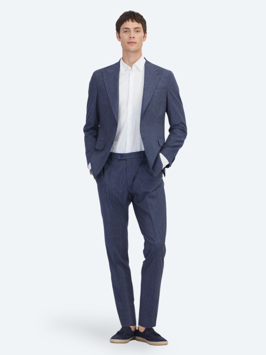 Navy Blue Striped Modern Fit Cotton Blended Suit - 2