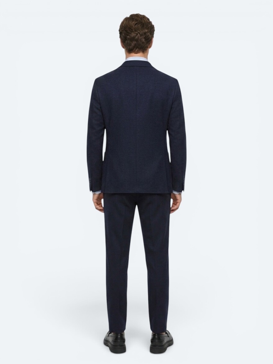 Navy Blue Striped Modern Fit Cotton Blended Suit - 5