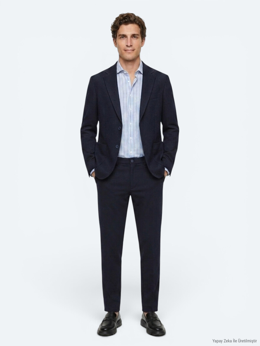 Navy Blue Striped Modern Fit Cotton Blended Suit - 2