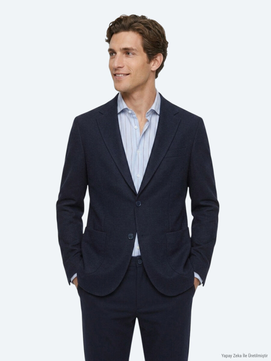 Navy Blue Striped Modern Fit Cotton Blended Suit - 3