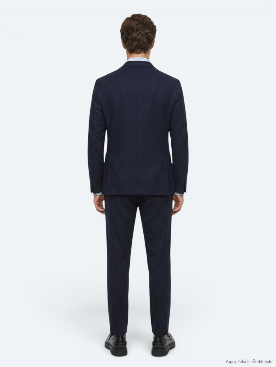 Navy Blue Striped Modern Fit Cotton Blended Suit - 5