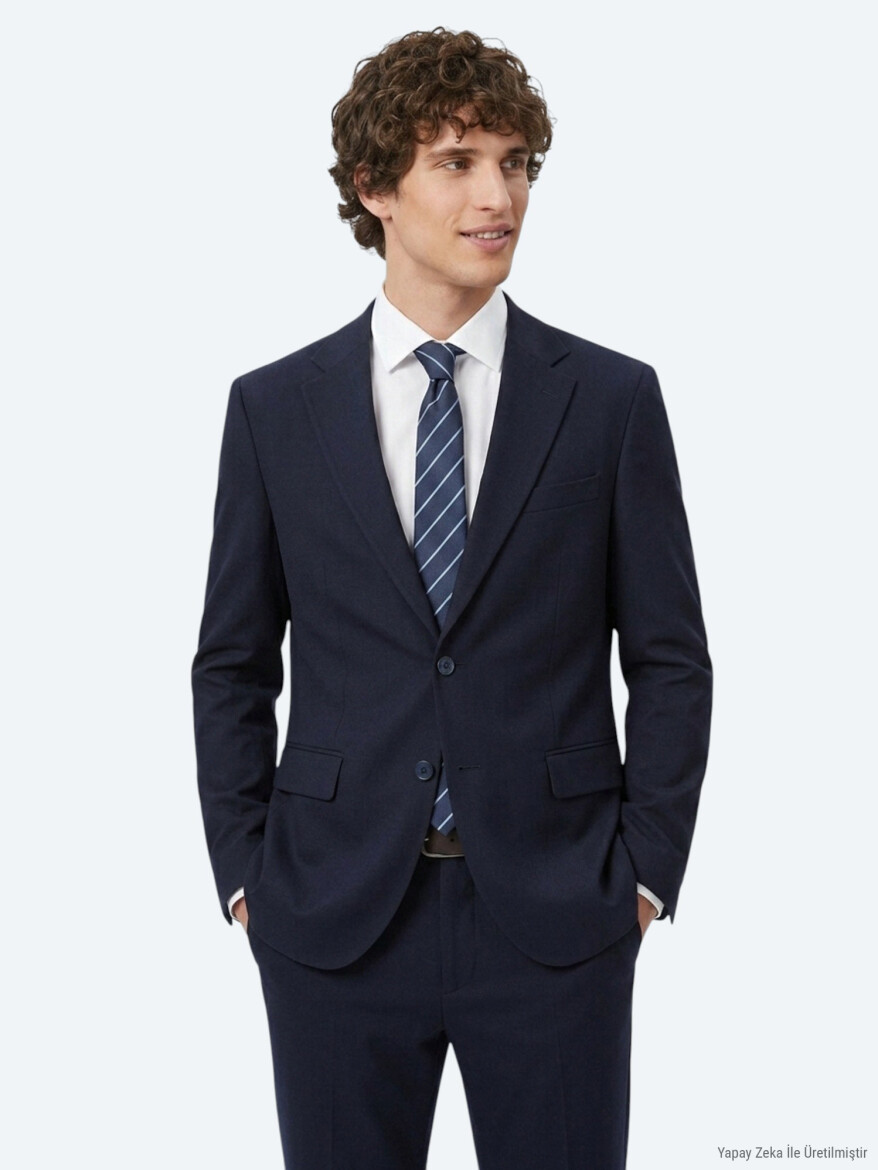 Navy Blue Striped Modern Fit Cotton Blended Suit - 1