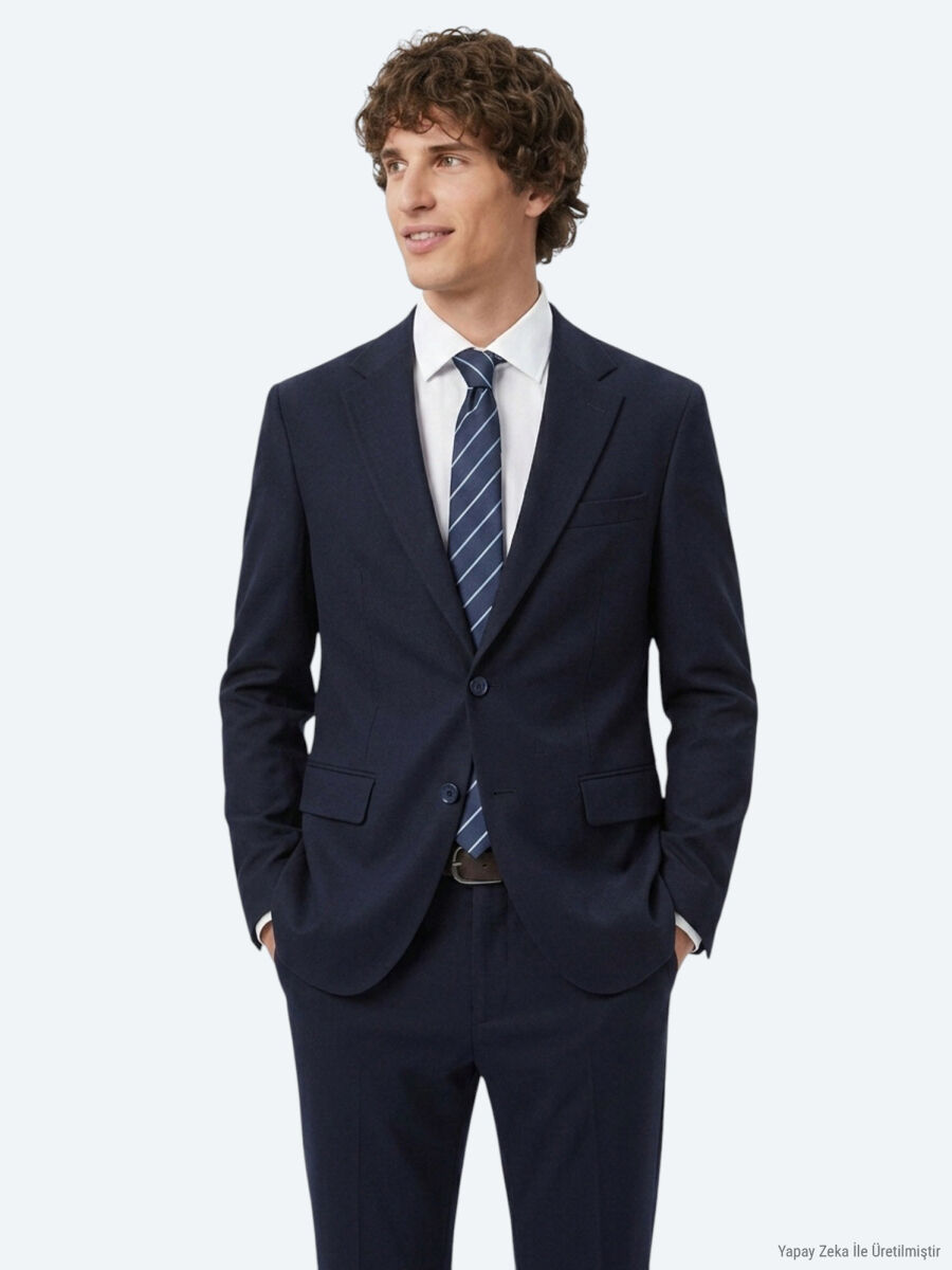 Navy Blue Striped Modern Fit Cotton Blended Suit - 3