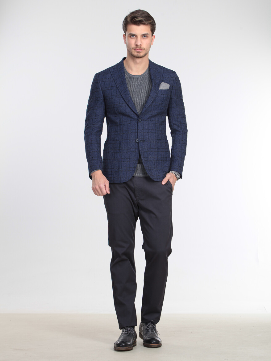 Navy Blue Striped Modern Fit Jacket - 1