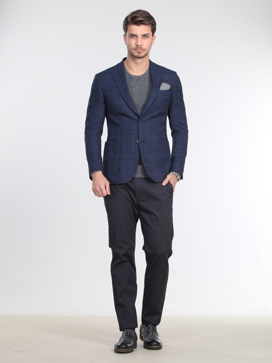 Navy Blue Striped Modern Fit Jacket - 1