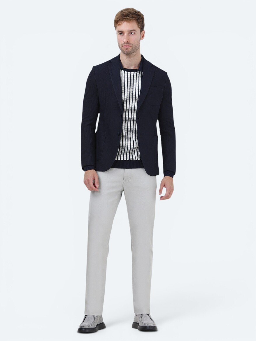 Navy Blue Striped Modern Fit Jacket - 1
