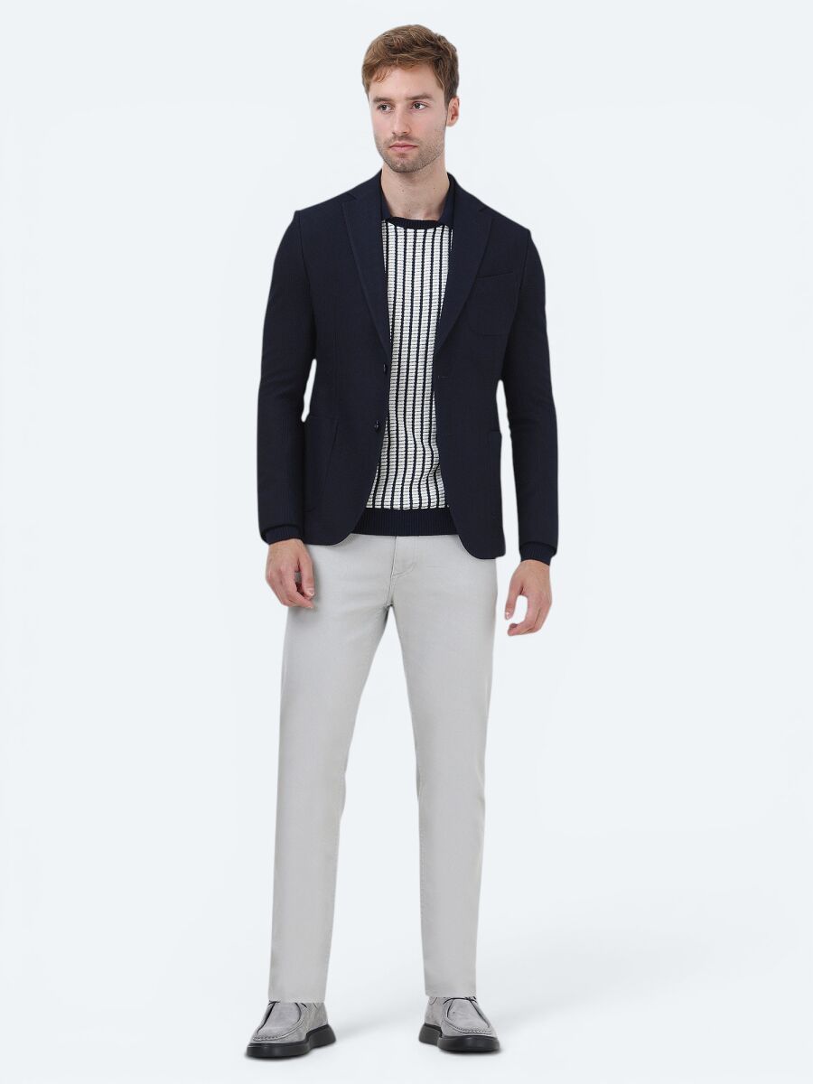 Navy Blue Striped Modern Fit Jacket - 1