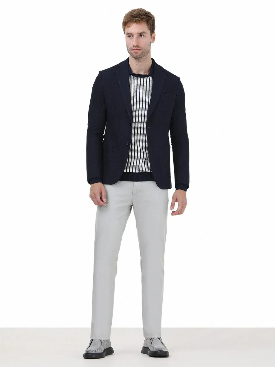 Navy Blue Striped Modern Fit Jacket - 2