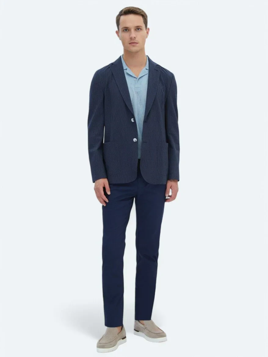 Navy Blue Striped Modern Fit Jacket - 3