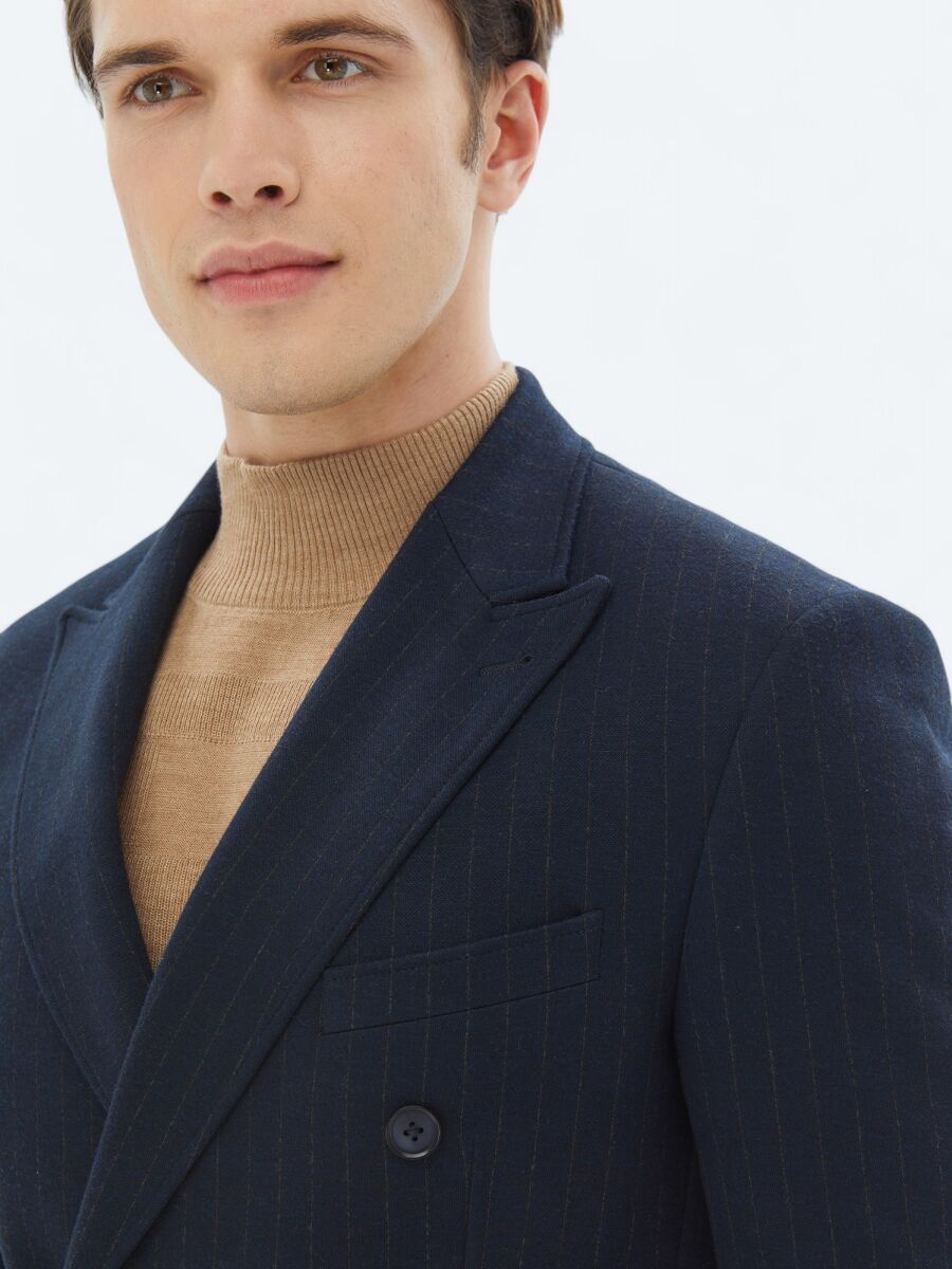 Navy Blue Striped Modern Fit Jacket - 5