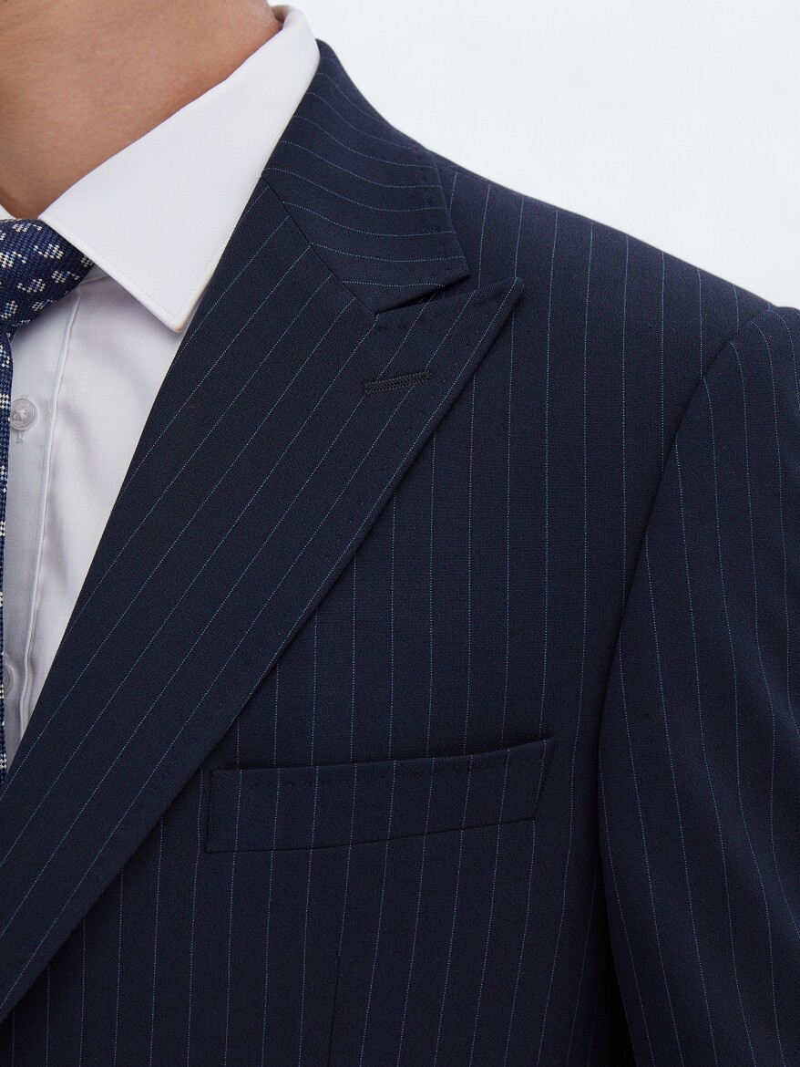 Navy Blue Striped Modern Fit Recycled Suit - 5