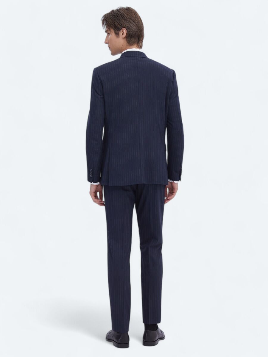 Navy Blue Striped Modern Fit Recycled Suit - 6