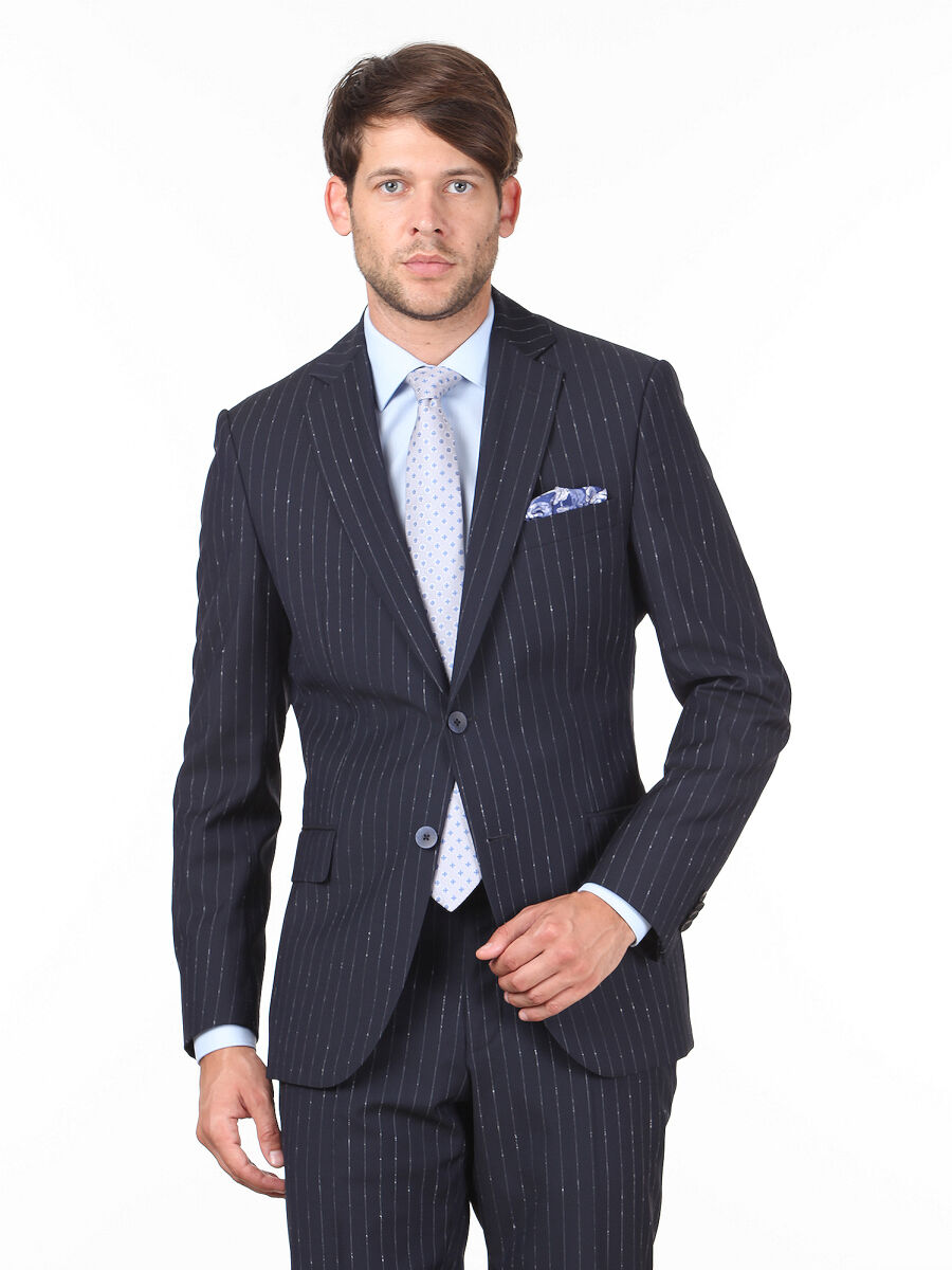 Navy Blue Striped Modern Fit Silk Blended Suit - 1